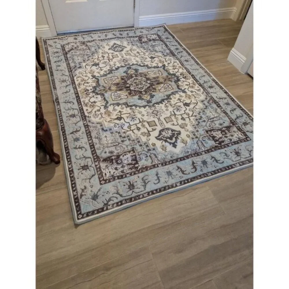 New 5x7 Blue Vintage Area Rug, Washable Low Pile Non-Slip Carpet for Living Room